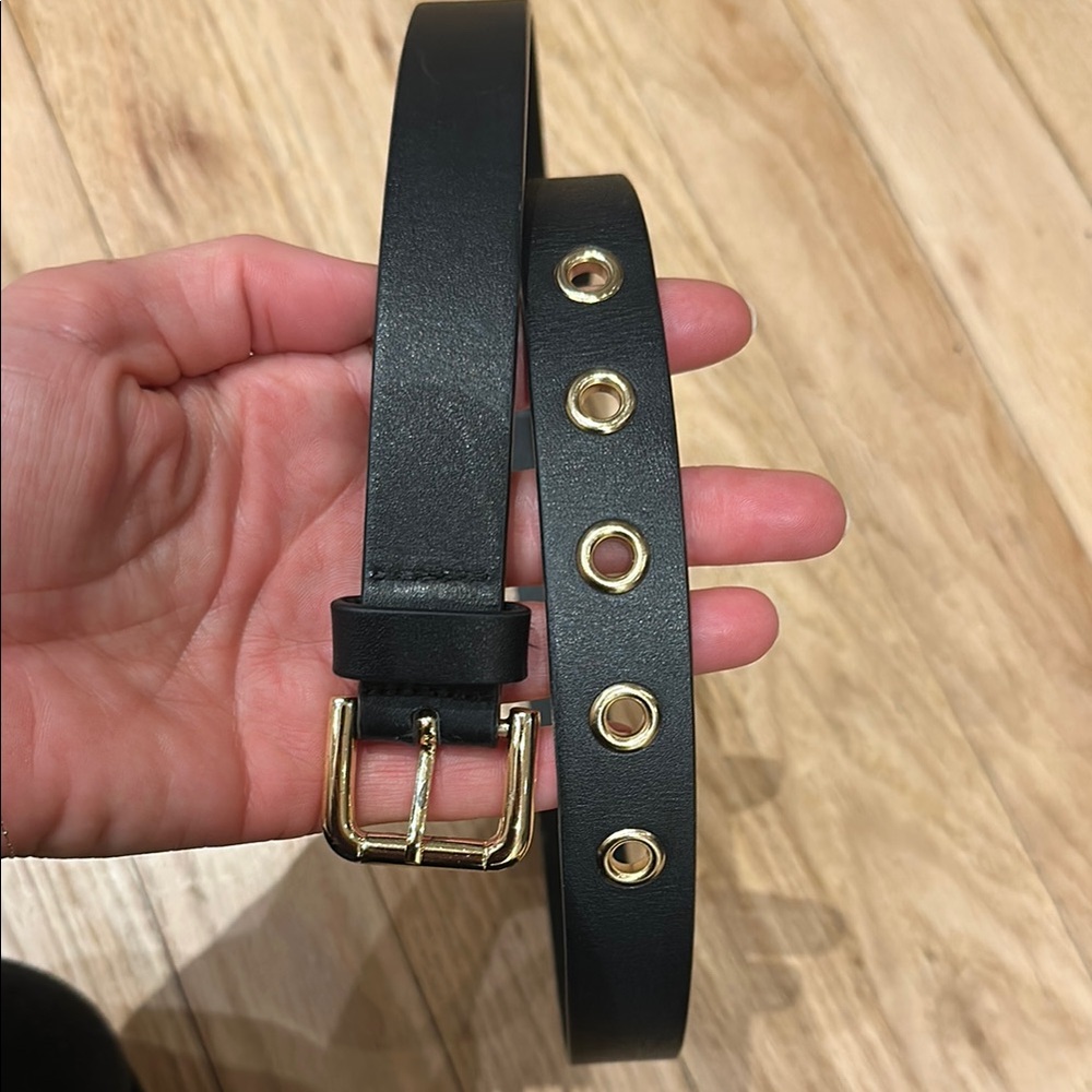 Rachel Comey Eyelet Black Leather Belt with Gold Accents Small
